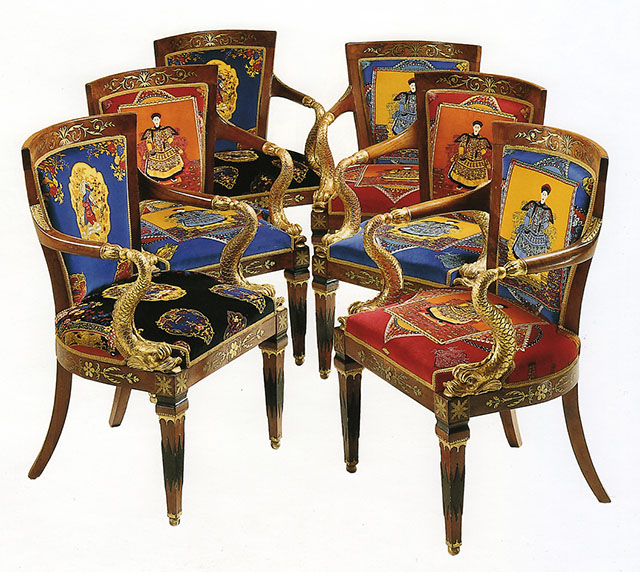 A Suite of Italian Neoclassical Brass-mounted Mahogany and Parcel-Gilt Seat Furniture, First Quarter 19th Century, upholstered in Gianni Versace designed cotton velvet 'Chinese Gardener' and 'Chinese Flora' pattern