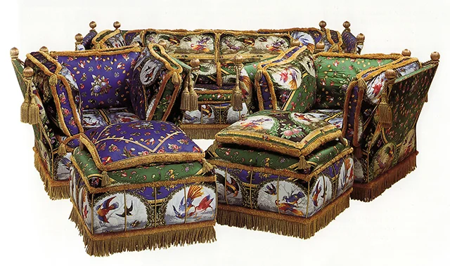 A Suite of Upholstered 'Knole' Seat Furniture Designed by Gianni Versace, upholstered in cotton satin duchesse 'Raineri Birds' pattern
