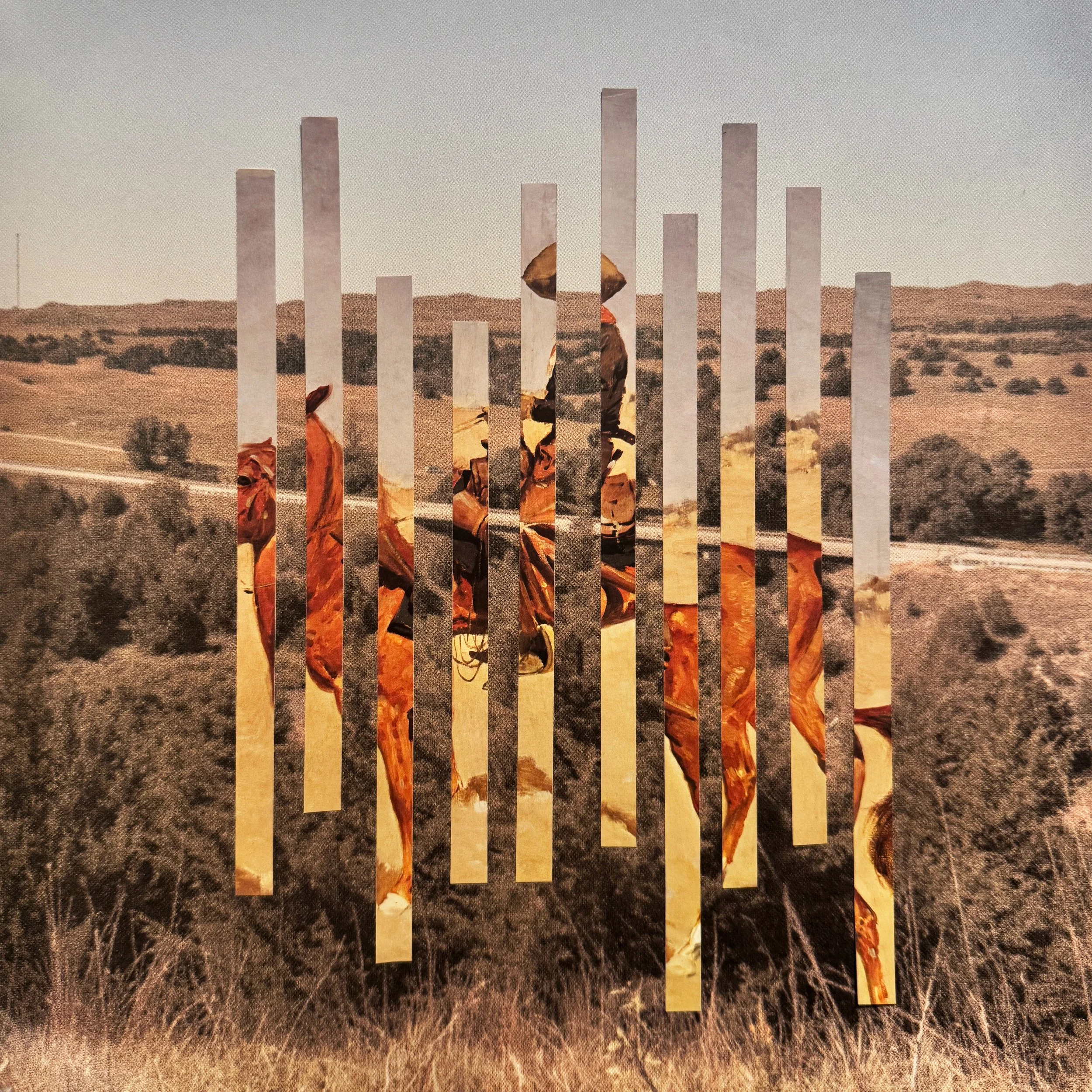 A desert landscape with hills and sparse vegetation under a clear sky, with vertical strips of an image of a person in an orange outfit holding an umbrella placed over the landscape.