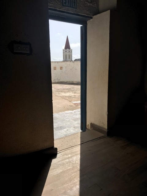  The steeple on Christ Church Cathedral, Anglican Diocese of Cape Coast taken from the auction room in Cape Coast Castle where slaves were sold. 