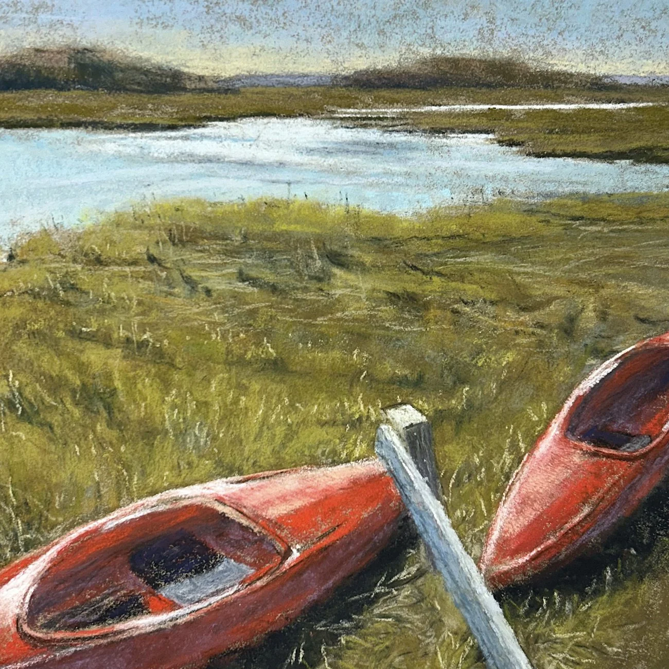 Salt Marsh with Red Kayaks. Ipswich