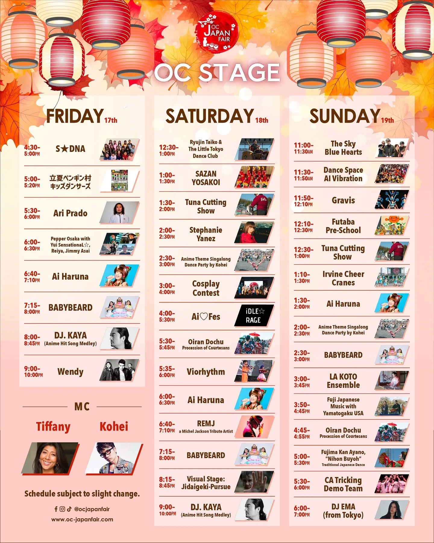 Here is our three stage schedules for&nbsp;#ocjapanfair2025&nbsp;Fall🍂 Which day are you joining us?🪭 Come for delicious food and drinks, stay for amazing music and performances!

📍 88 Fair Dr, Costa Mesa, CA 92626

🗓️ October 2025
10/17 (FRI) 4: