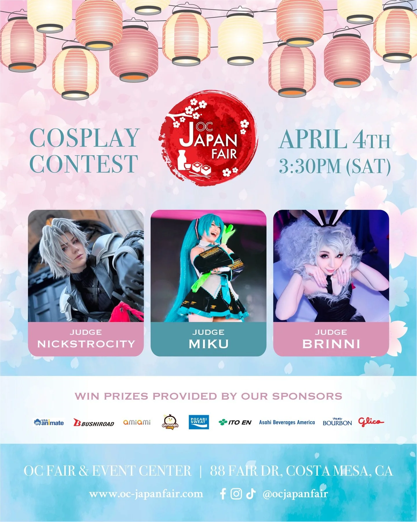 Join our Cosplay Contest and win amazing prizes provided by our sponsors, Animate, Bushiroad, AmiAmi, Ohmonah, Pocari Sweat, ITO EN, Asahi, Bourbon and Glico! ✨

We are so excited to welcome @mikumiku___ , @xbrinni &amp; @nickstrocity as our judges❣️