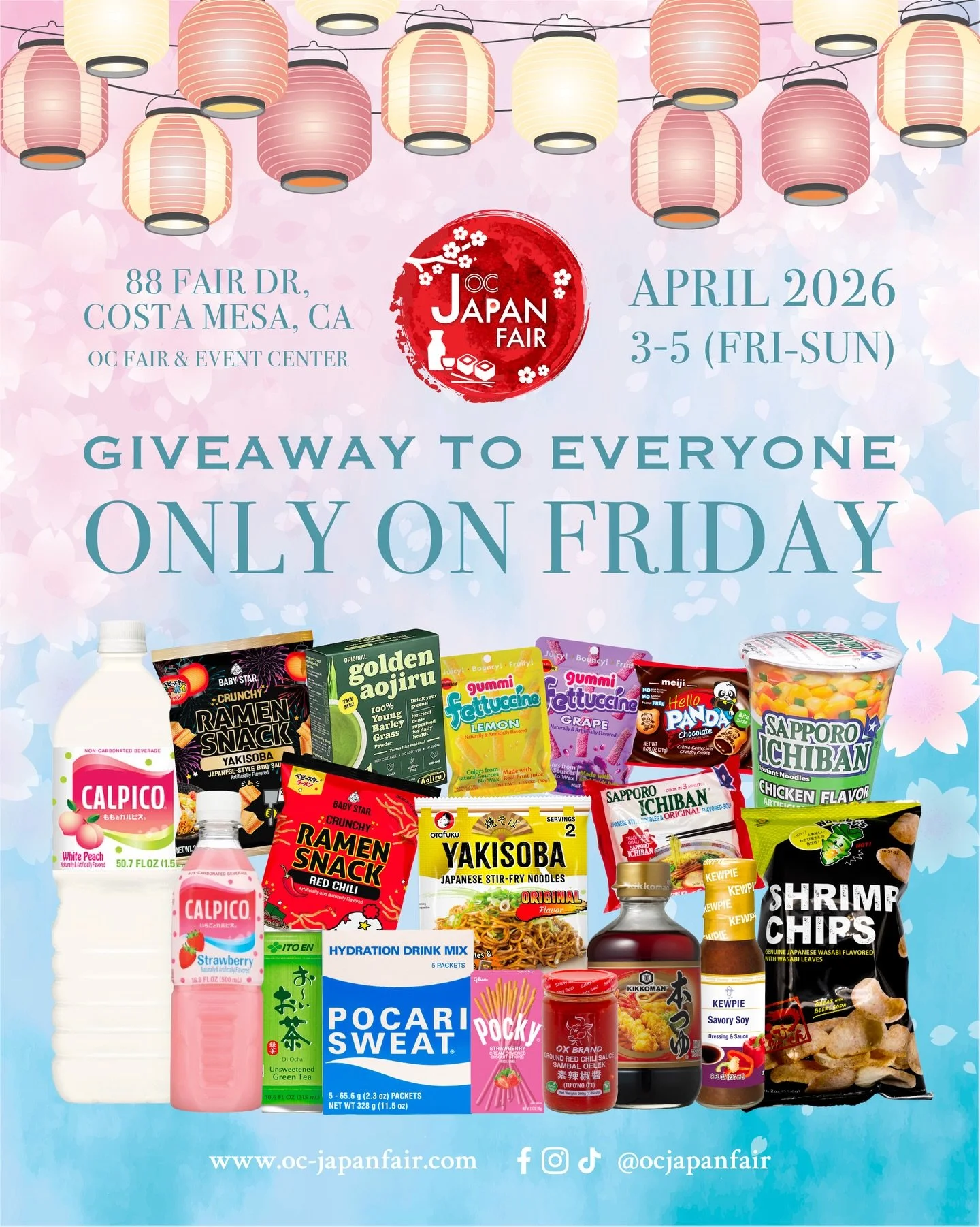 Kick off OC Japan Fair with free Japanese snacks, drinks, and goodies 🇯🇵🍬🍜 FREE GIVEAWAYS FOR EVERYONE on FRIDAY ONLY! 

We&rsquo;ll also have giveaways on Saturday and Sunday, but limited to the first 1,000 guests each day✨ Come early to grab yo