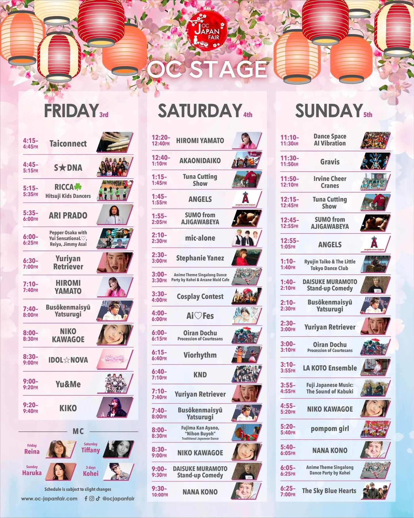 Here is our three stage schedules for&nbsp;#ocjapanfair2026 Spring🌸 Which day are you joining us?🪭 Come for delicious food and drinks, stay for amazing music and performances!

📍 88 Fair Dr, Costa Mesa, CA 92626

🗓️ April 2026
4/3 (FRI) 4:00 PM&n