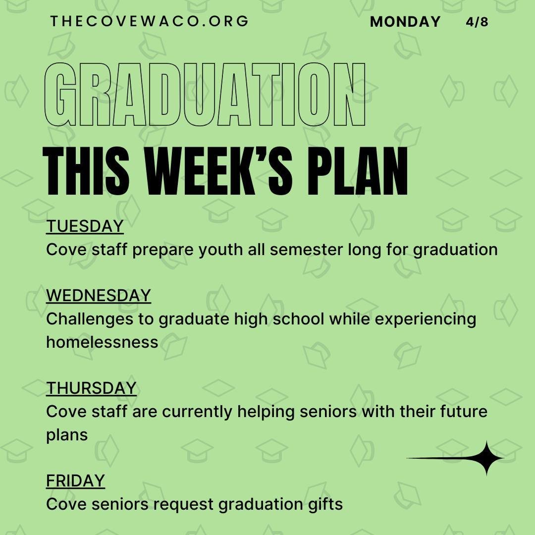 For the 2nd quarter of 2024, we'll be talking about graduating high school, celebrating our graduates, and gearing up for college. 

Check out this week's plan as we introduce the topic of graduation for youth experiencing homelessness. 

Tomorrow, y