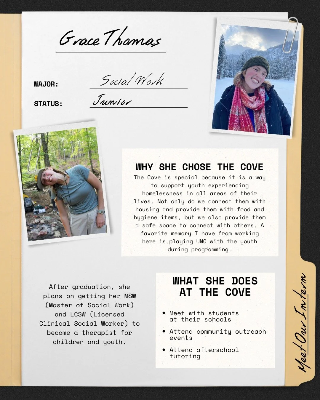 Meet this semester's Social Work Interns! This week, we will be introducing Grace! Grace is such a hard worker and cares for our youth so well. Thank you, Grace, for all that you do!