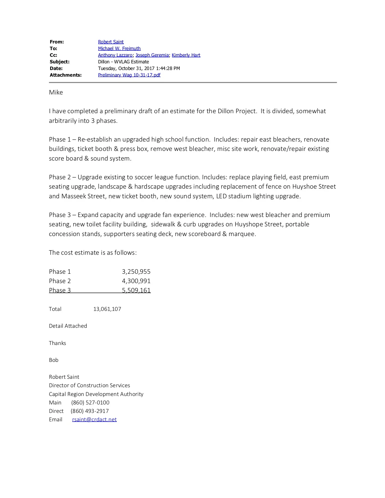 CRDA’s construction estimate from October 31, 2017.