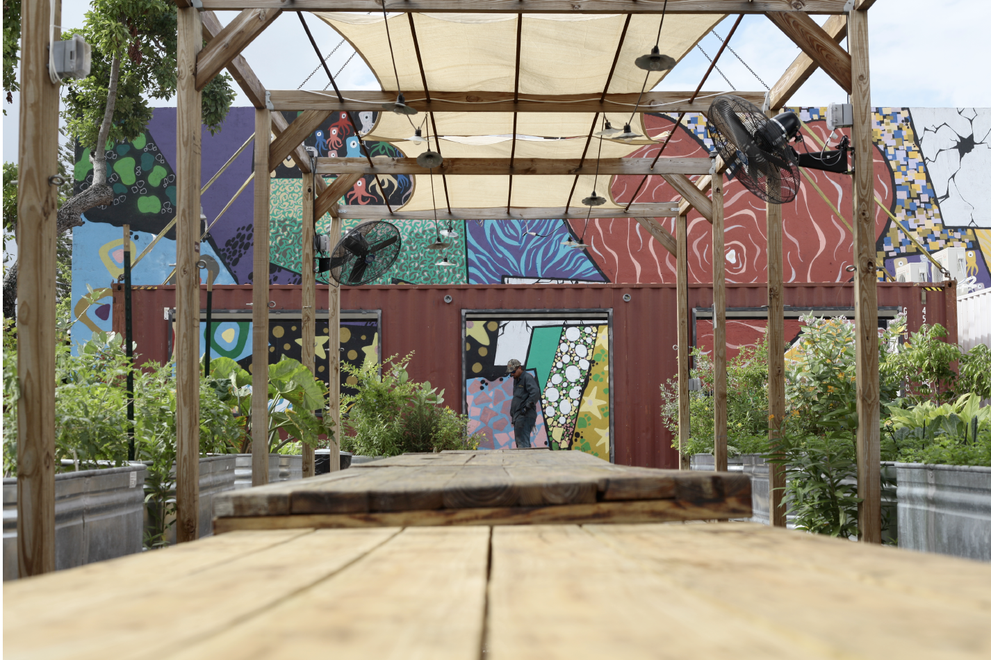 Framing for The Market provided by outdoor pergola at The Wynwood Yard.