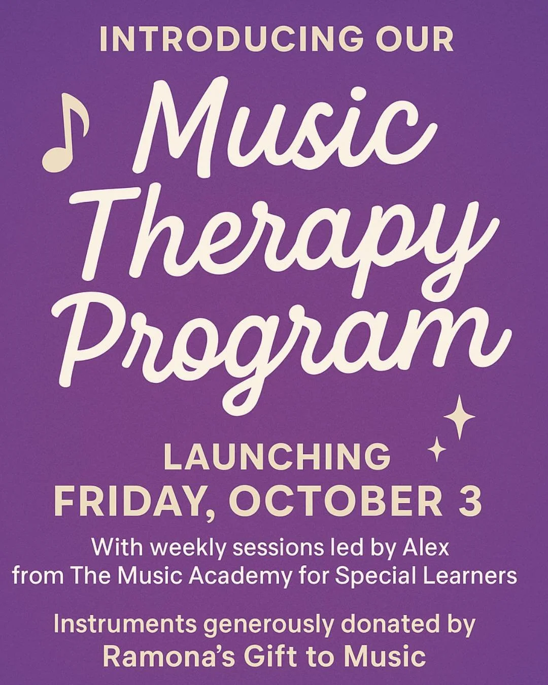 Something exciting is coming to Harmony Heights&hellip;

We&rsquo;re thrilled to announce the official launch of our Music Therapy Program, beginning next Friday, October 3rd! 

Led by Alex from musicacademyforspeciallearners, these weekly sessions w