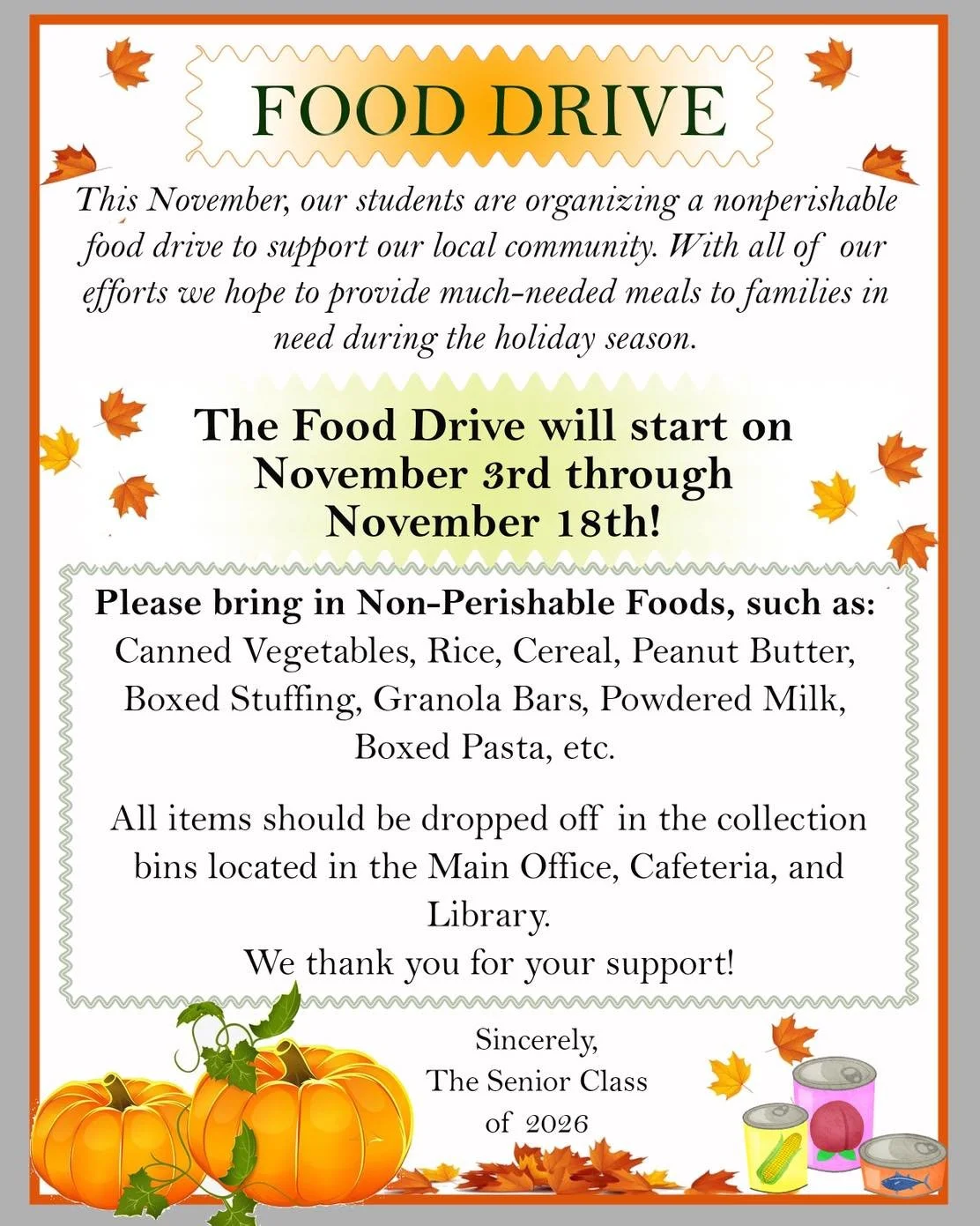 We&rsquo;re SO excited to kick off our Harmony Heights Food Drive&mdash;led by our incredible Senior Class of 2026! 

Starting November 3rd and running through November 18th, our students are collecting nonperishable food items to help local families