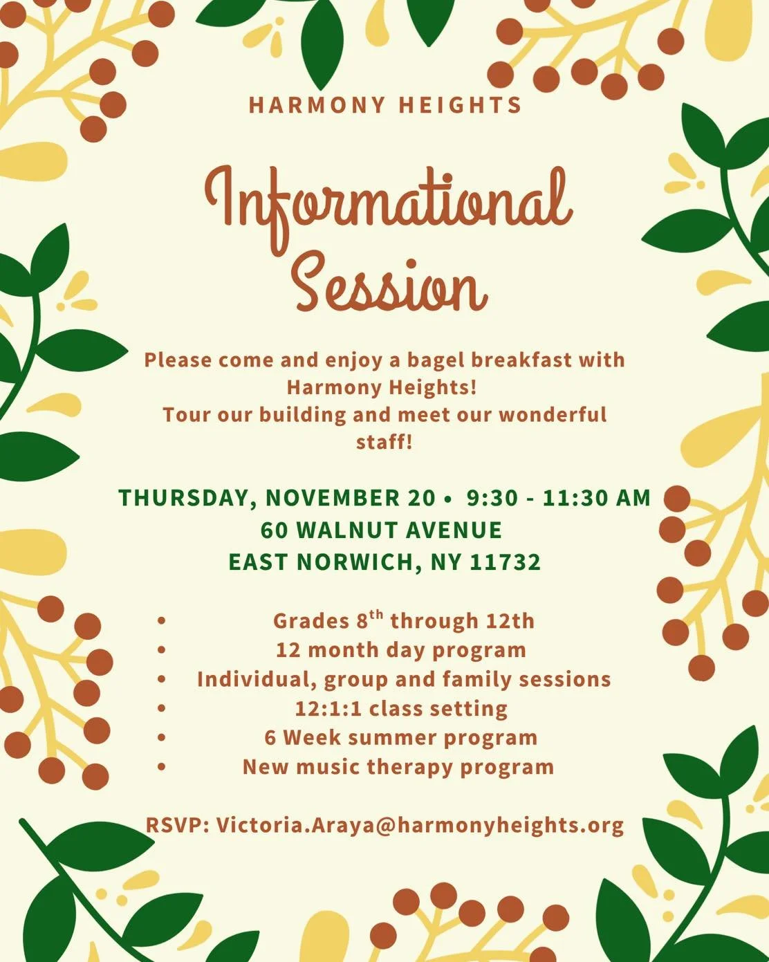 Searching for the right school placement this fall? Let&rsquo;s talk&mdash;over bagels. 

At Harmony Heights, we understand how challenging it can be when a student is struggling with anxiety, depression, trauma, school refusal, or other mental healt