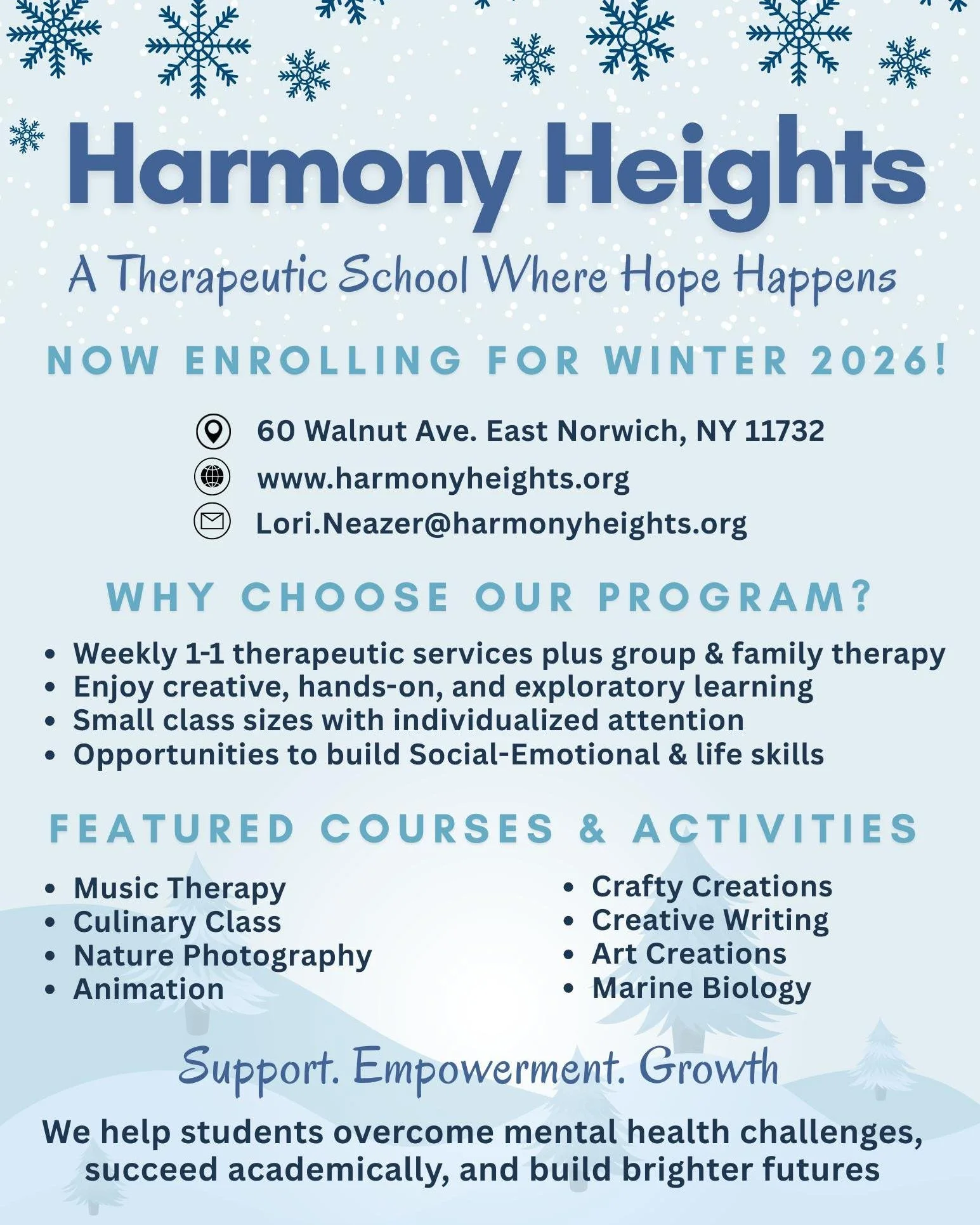 Harmony Heights is now accepting students for immediate placement in our Winter 2026 Semester! 

At Harmony Heights, our therapeutic all-girls high school offers a nurturing, structured environment where students can heal, grow, and thrive&mdash;emot