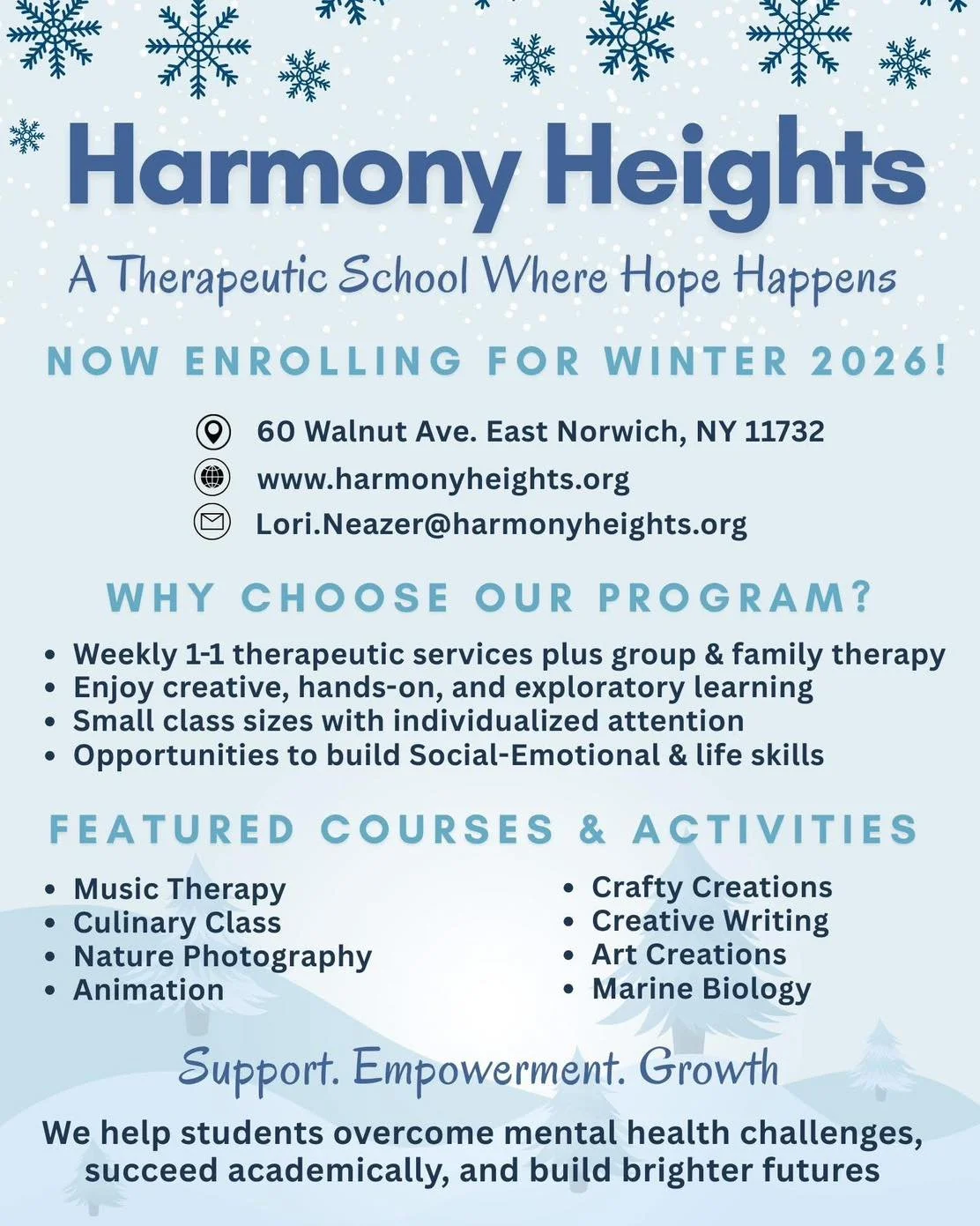 ✨ Now Enrolling for Winter 2026! ✨
Harmony Heights is welcoming new students for immediate placement this semester!

Our therapeutic all-girls high school provides a supportive, structured environment designed to help students grow&mdash;academically
