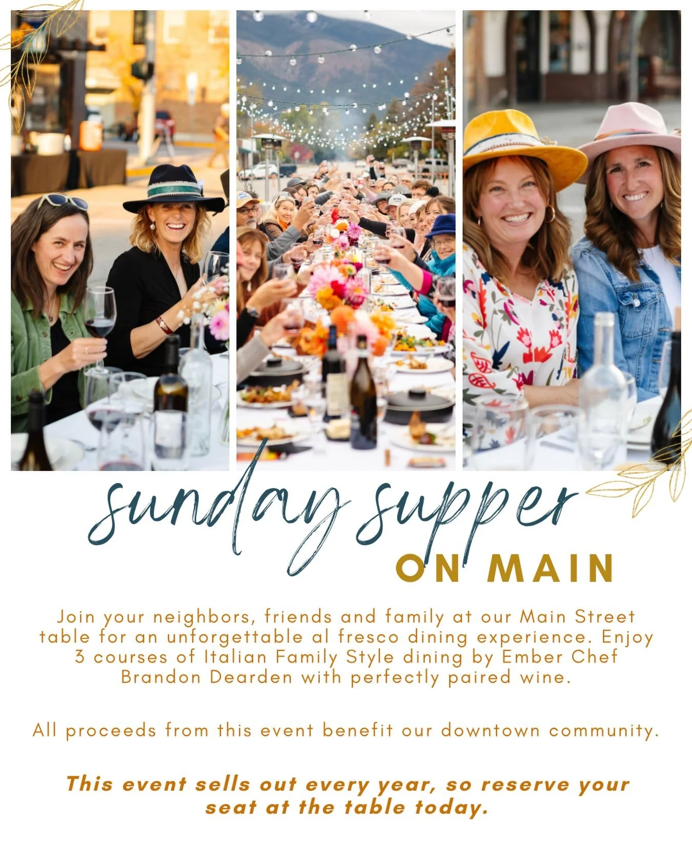 Sunday Supper - Tickets on sale now! 

Join your neighbors, friends and family at our Main Street table for an unforgettable Al fresco dining experience. Enjoy 3 courses of Italian family style dining by @ Ember chef Brandon Dearden, perfectly paired