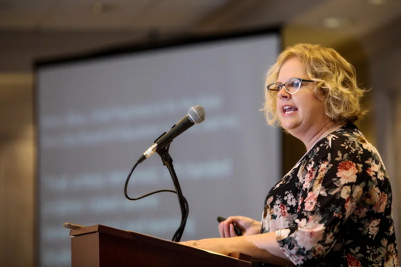 Dr. Kari Finley with the Center for Health and Safety Culture at the Western Transportation Institute at Montana State University presenting on Stigma at the 2018 Open Talks