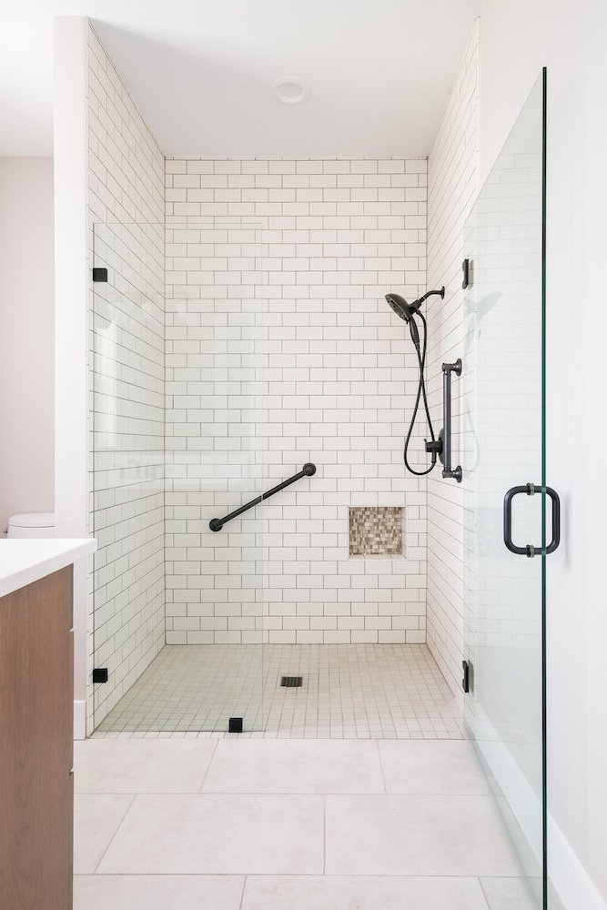 Bathroom Glass Shower With Door Tile Two Shower Heads Stock Photo