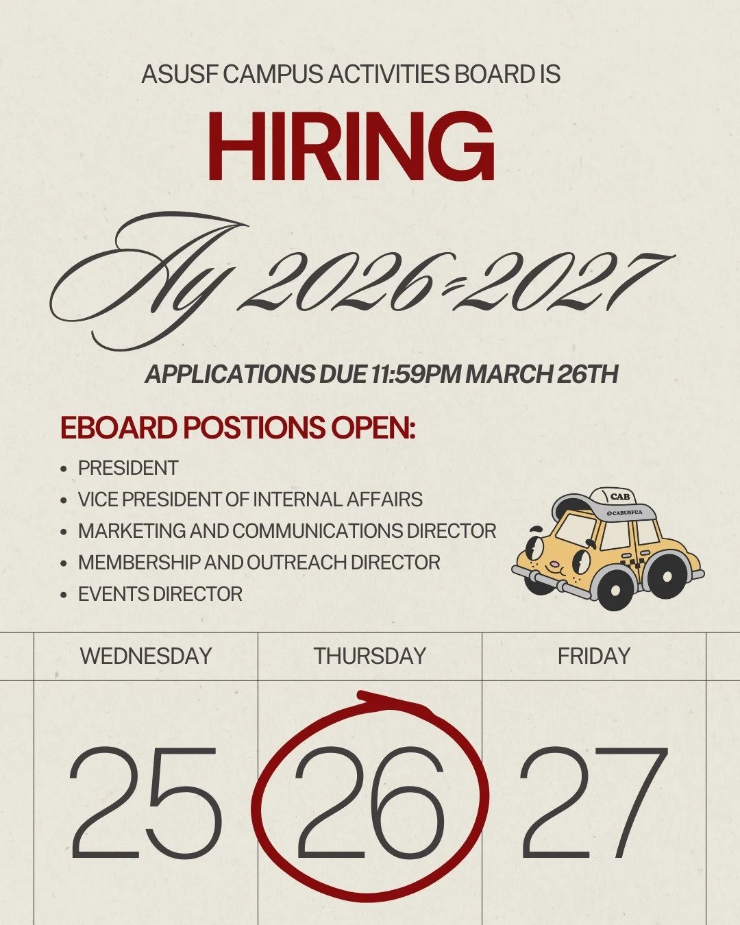 WE ARE HIRING for all executive roles! 

Apply by March 26th, 2026 thru Link in our Linktree 🥳