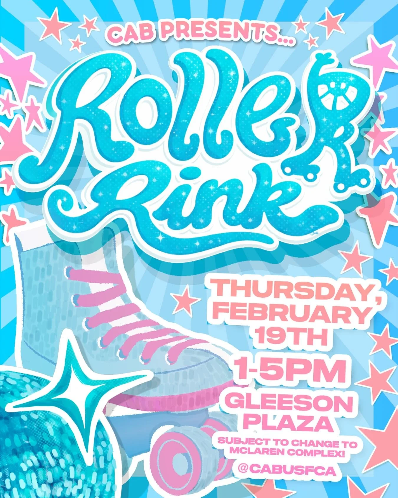 Roll into the first CAB event of the Spring 2026 semester🛼 Join us for an afternoon of fun next Thursday, February 19th!!

When: 1pm-5pm
Where: Gleeson Plaza (subject to change to McLaren Complex incase of rain)