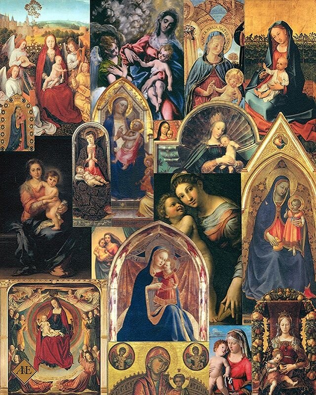 Madonna and Child-Giulio 
This 8&rdquo; x 10&rdquo; art mosaic features 18 clear images of paintings and iconography of the Virgin Mary and Child.  Though it is densely packed, each piece is clear and offers different views of artistic expression on 