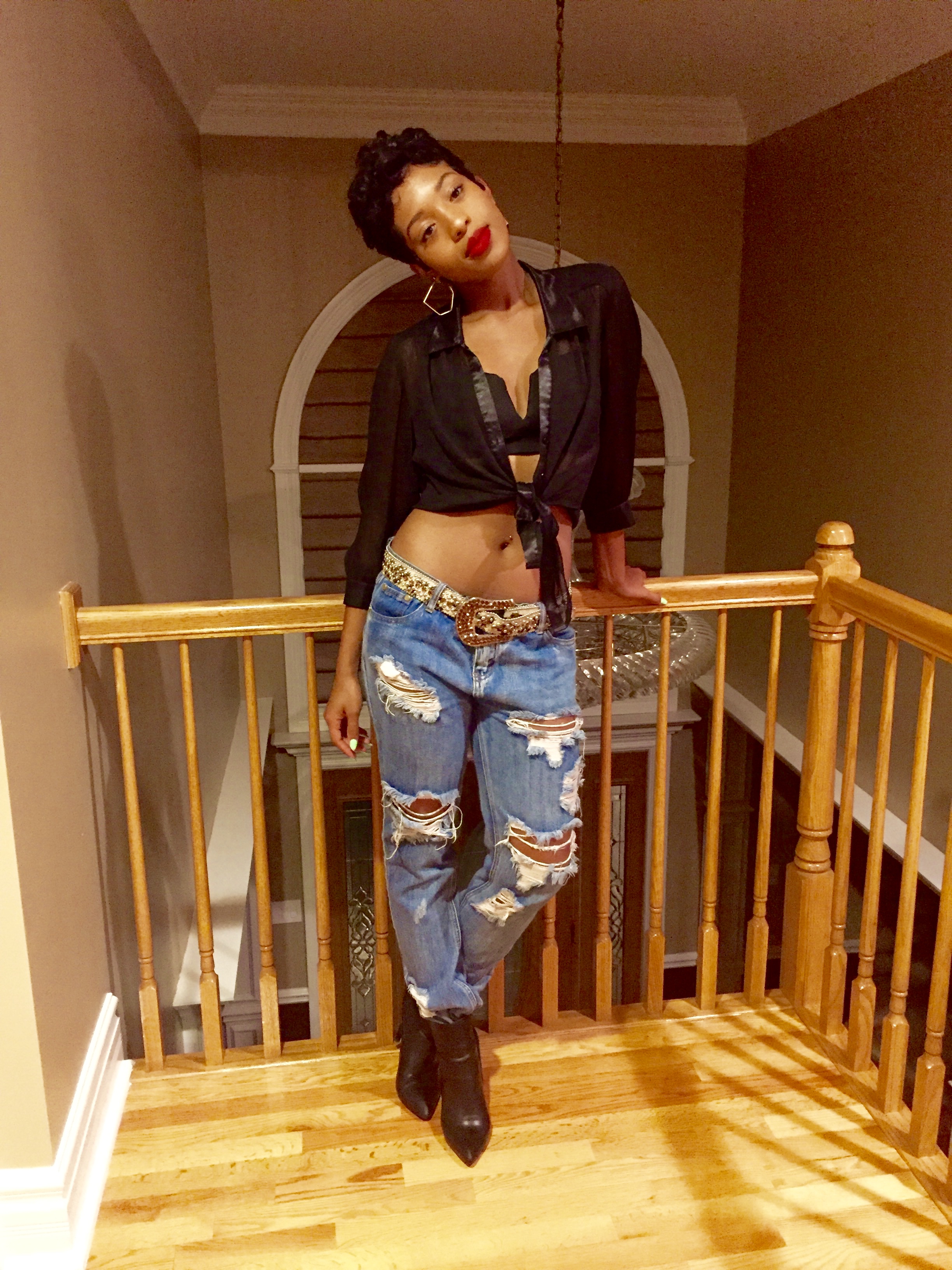 Earrings BCBG Bralett TOPSHOP Top AKIRA Jeans ONE TEASPOON Booties AKIRA