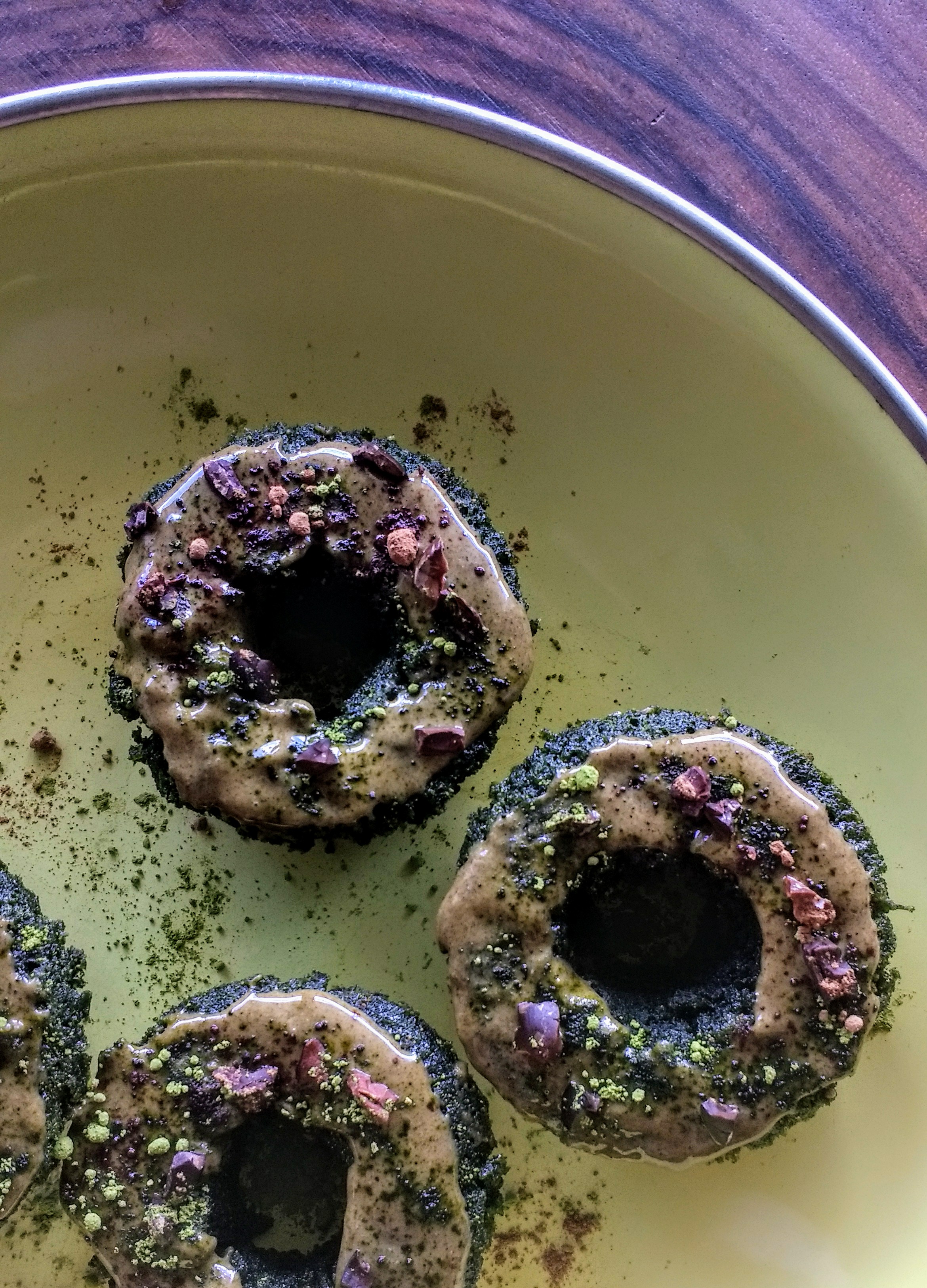 Green Machine Donuts with matcha, cocoa, and spirulina 