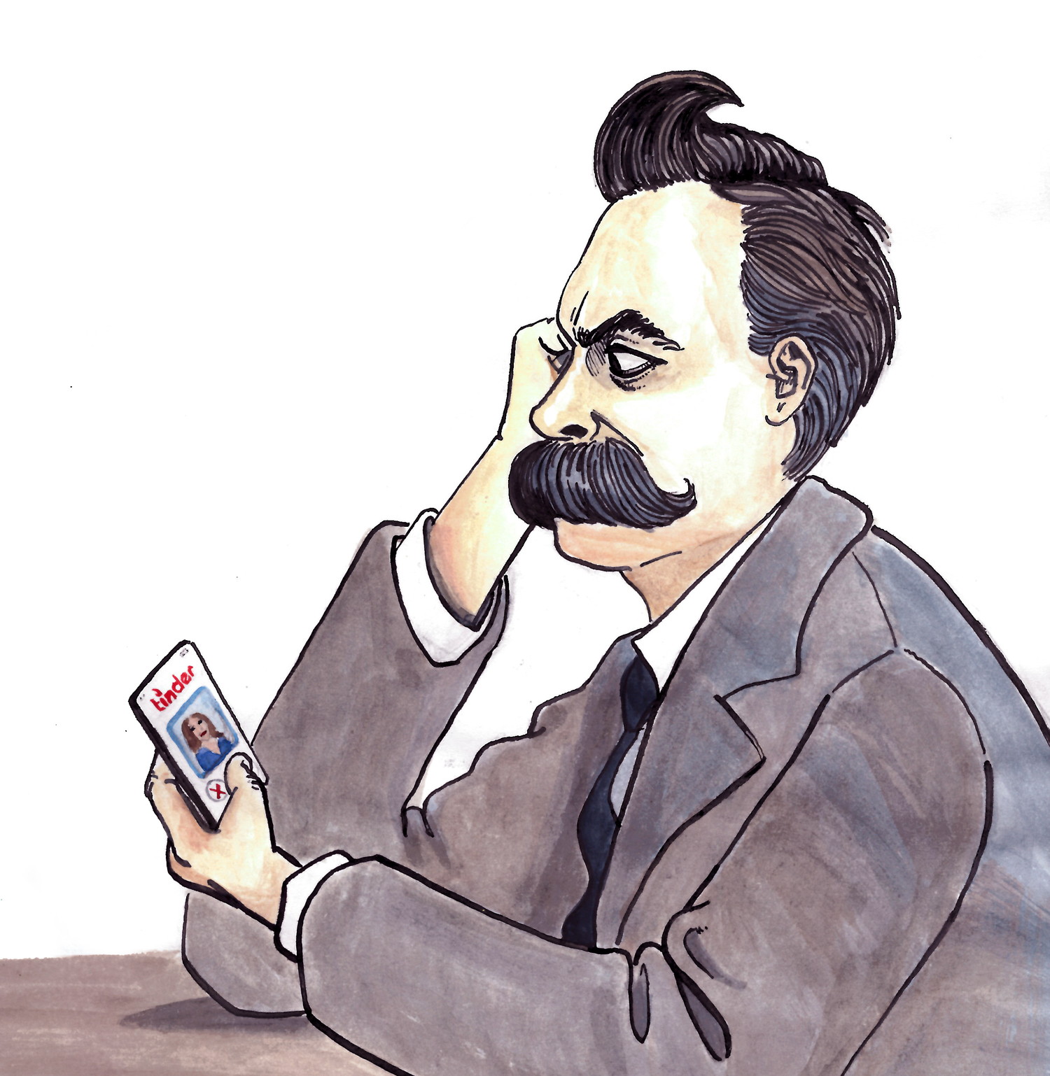 "Love is Dead" – cover illustration for a book of philosophers' breakup letters, featuring Nietzsche and Tinder