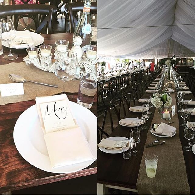 Our vintage farmhouse tables and cross back chairs, paired with @chivesrestaurant catering and @echotagardens floral talent, under an Elite Tent Rentals liner = wedded bliss! #greenbaywedding #wisconsinbride #theknot #vintagefarmhousetables #wisconsi