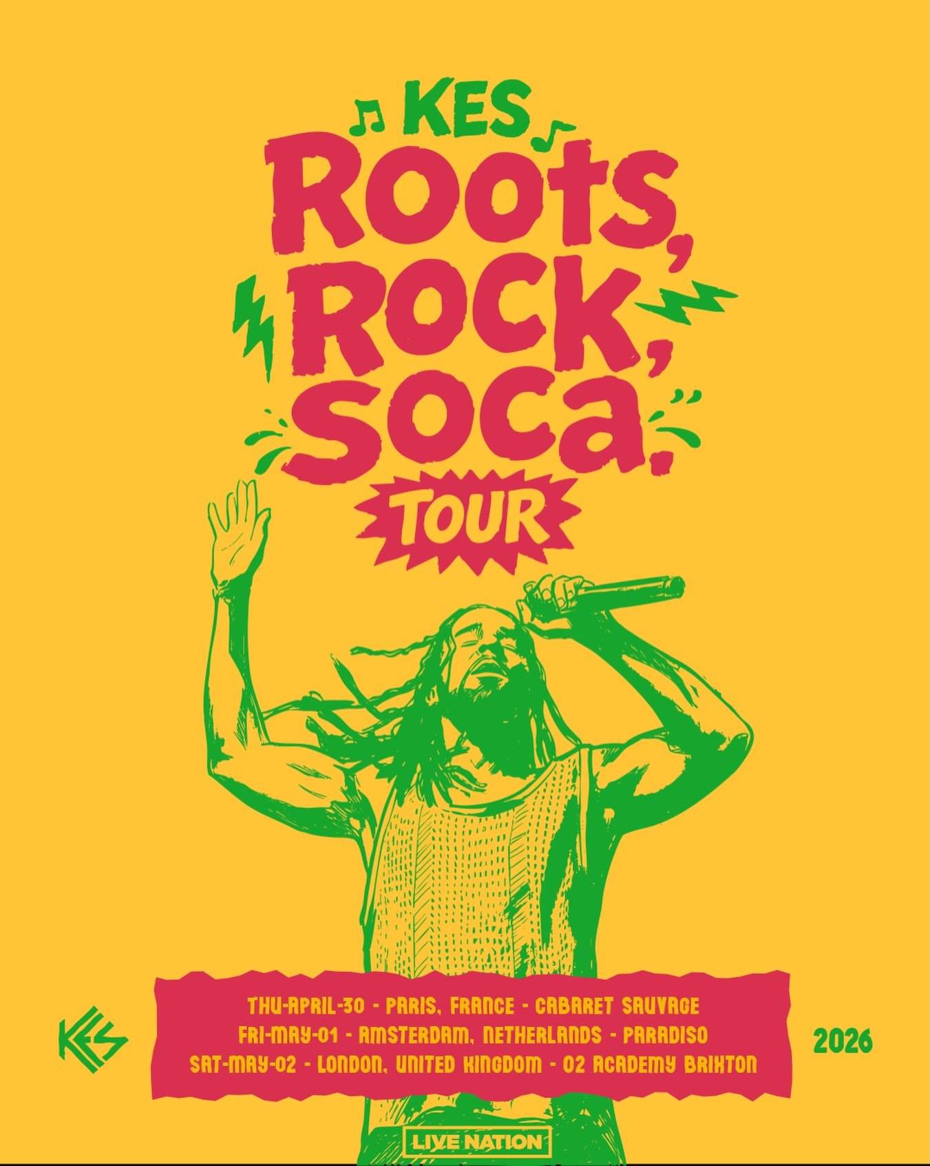 ‼️TOUR ANNOUNCEMENT ‼️

Paris - Amsterdam - London 🛬 GET READY!

We can&rsquo;t wait to jam with you on the &ldquo;ROOTS, ROCK, SOCA&rdquo; TOUR! 

Tickets on sale Feb 12, 2026. 
www.kestheband.com