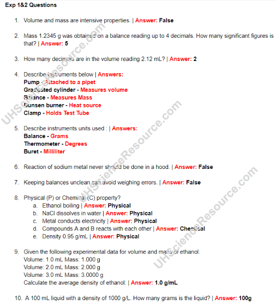 CHEM 1111 Experiment 2 Properties of Matter Quiz Questions — Science