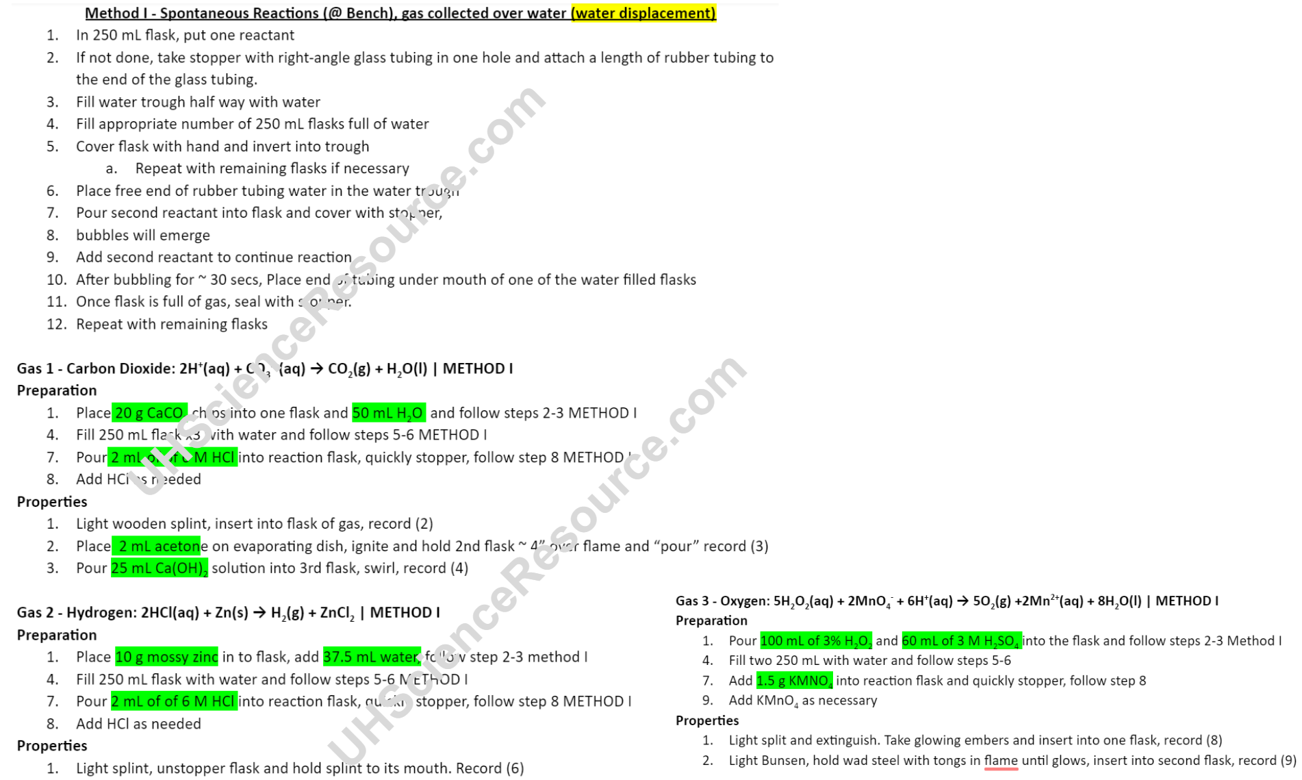 Chem 1111 Experiment 5 Preparation and Properties of Gases — Science