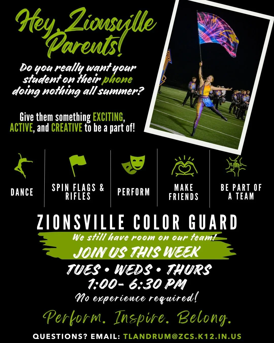 We still have openings for Color Guard for this season. Please help us get the word out in the community!