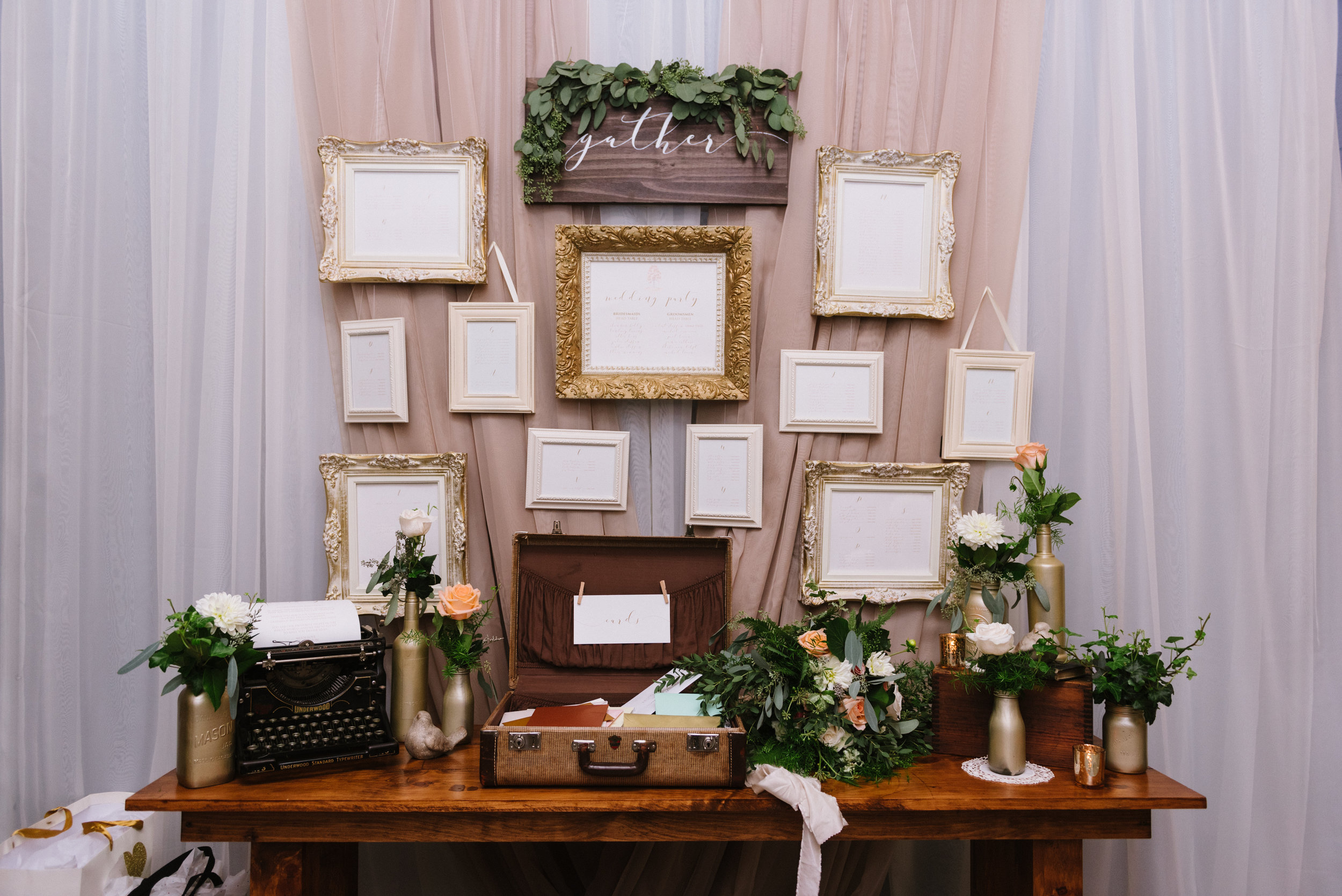 Seating plan display with metallic, vintage and wooden accents. Venue: St. Marys Golf & Country Club . Decor & Styling: Above & Beyond Event Design . Photography: Erin Leydon .