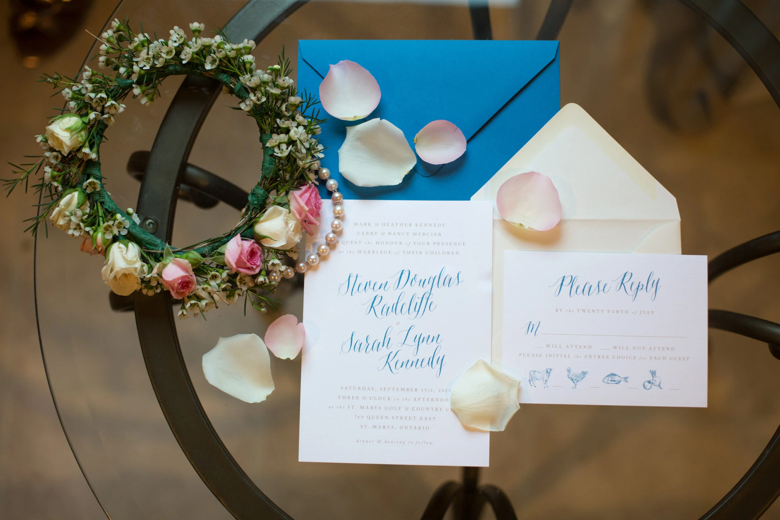 Invitation and RSVP cards in soft blue and champagne tones for a St. Marys wedding. Photography: Maigan Cowen.
