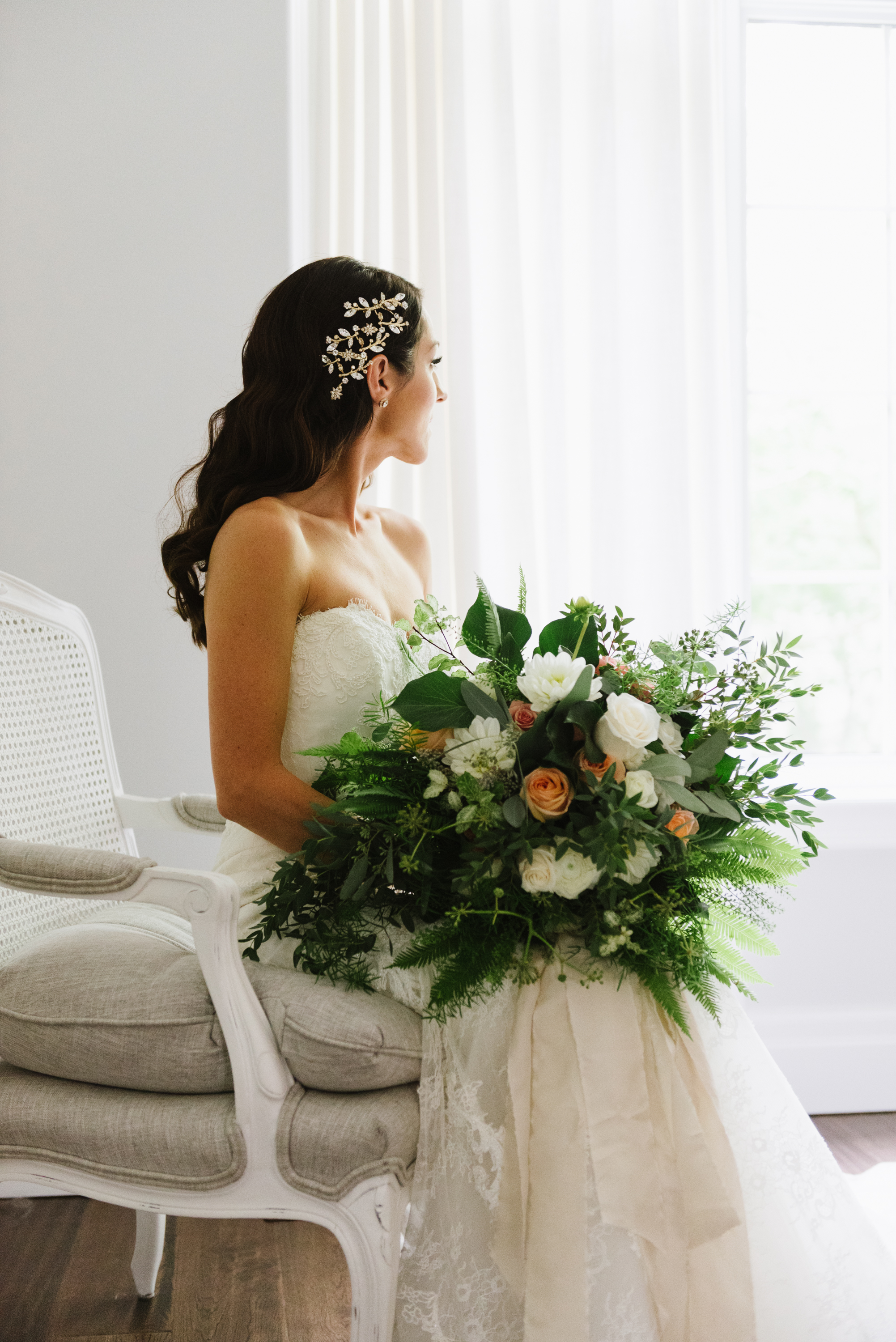 bride-portrait-natural-light-bouquet-greenery