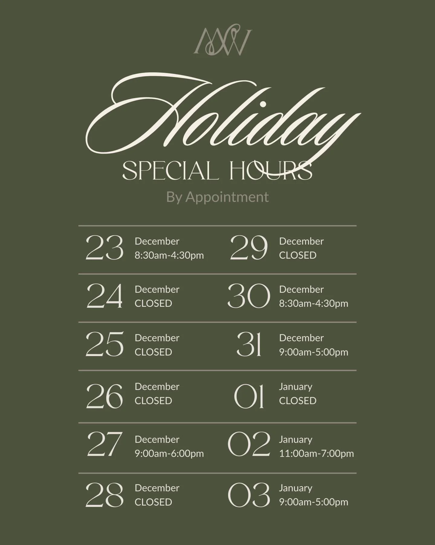 From touring our wedding venue to planning the details of your big day, here&rsquo;s when you can connect with us over the holidays. 🎄💍✨

Please note that our team is available by appointment only. Link in bio to book a time in our calendar!

Happy