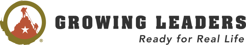 Logo with a silhouette of a person climbing a mountain inside a circle, a star at the mountain base, and the text 'Growing Leaders - Ready for Real Life'.