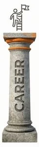 A stone column with the word CAREER engraved vertically on it, topped with a small figure holding a flag.