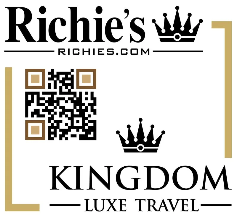 Business card for 'Richie's' featuring a QR code, crown icons, and text for 'Richie's RICHIES.COM' and 'KINGDOM LUXE TRAVEL.'