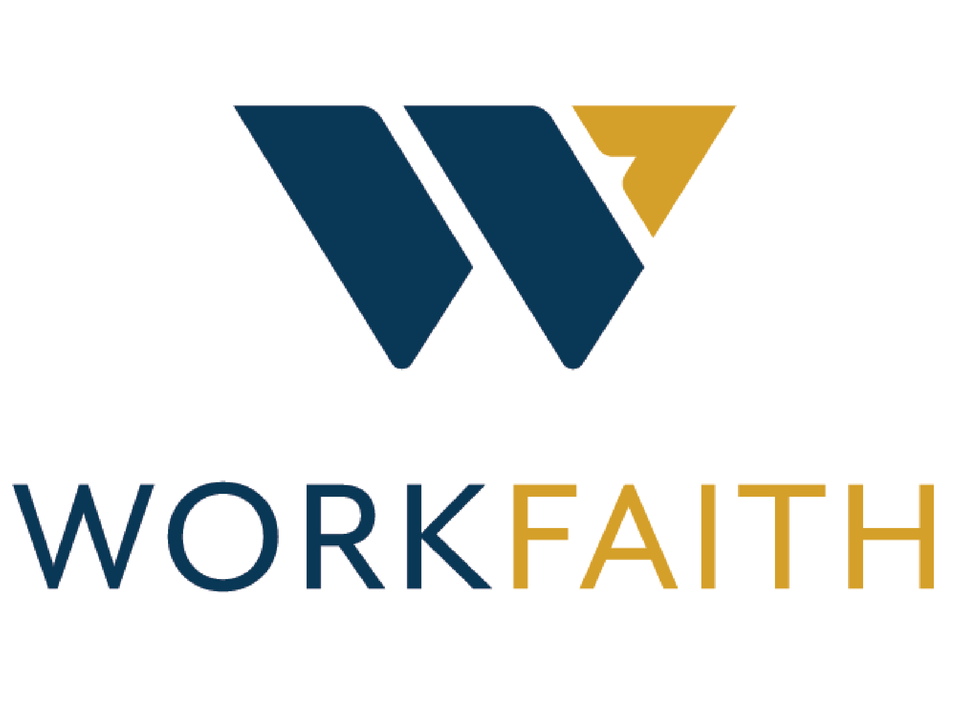 Logo with a stylized 'W' in blue and gold, and the words 'Work Faith' below, with 'Work' in blue and 'Faith' in gold.