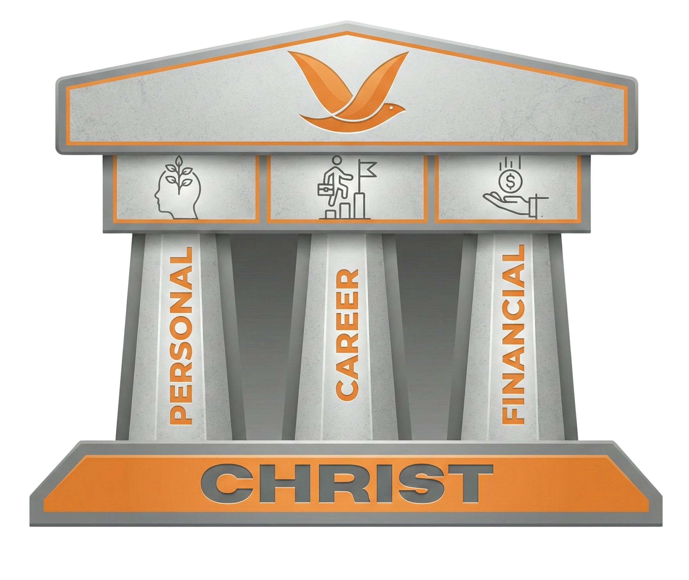 A graphic illustration of a church with the word 'CHRIST' on the front step and three columns labeled 'PERSONAL,' 'CAREER,' and 'FINANCIAL.' The church has a dove emblem at the top. Icons above the columns depict a head with a plant, a person climbing stairs to a flag, and a hand holding a coin.