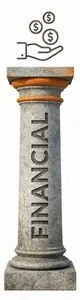 A pillar labeled 'Financial' with a hand holding a dollar sign and coins above it, symbolizing financial support or wealth.