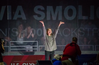Smoliga celebrating her victory at the Olympic Trials (photo courtsey of USA Swimming)
