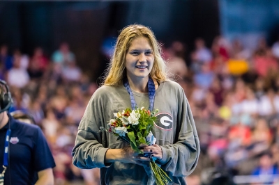 Smoliga at the medal ceremony at the Olympic Trials (photo courtesy of USA Swimming)
