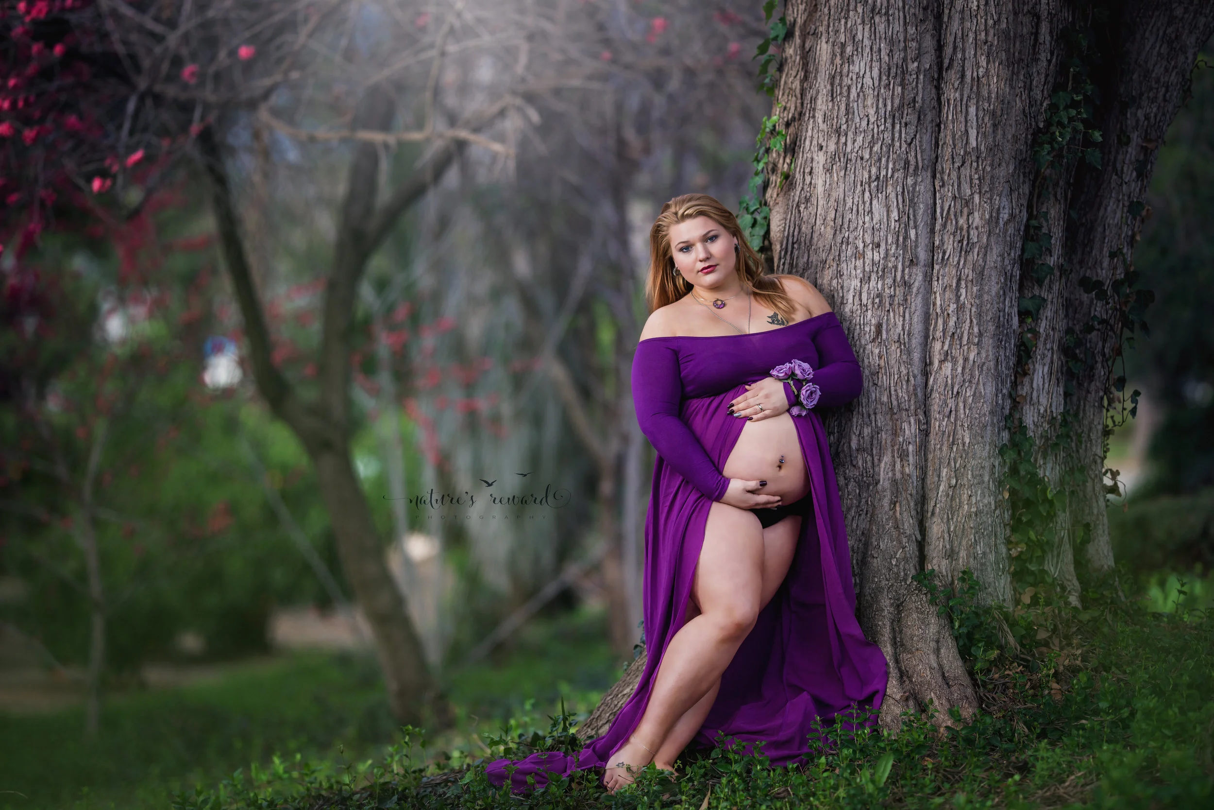 Gorgeous Mother in a royal purple Maternity Gown in a lovely green park in this Spring Maternity Session in the Inland Empire in the City of Redlands by San Bernardino based photographer