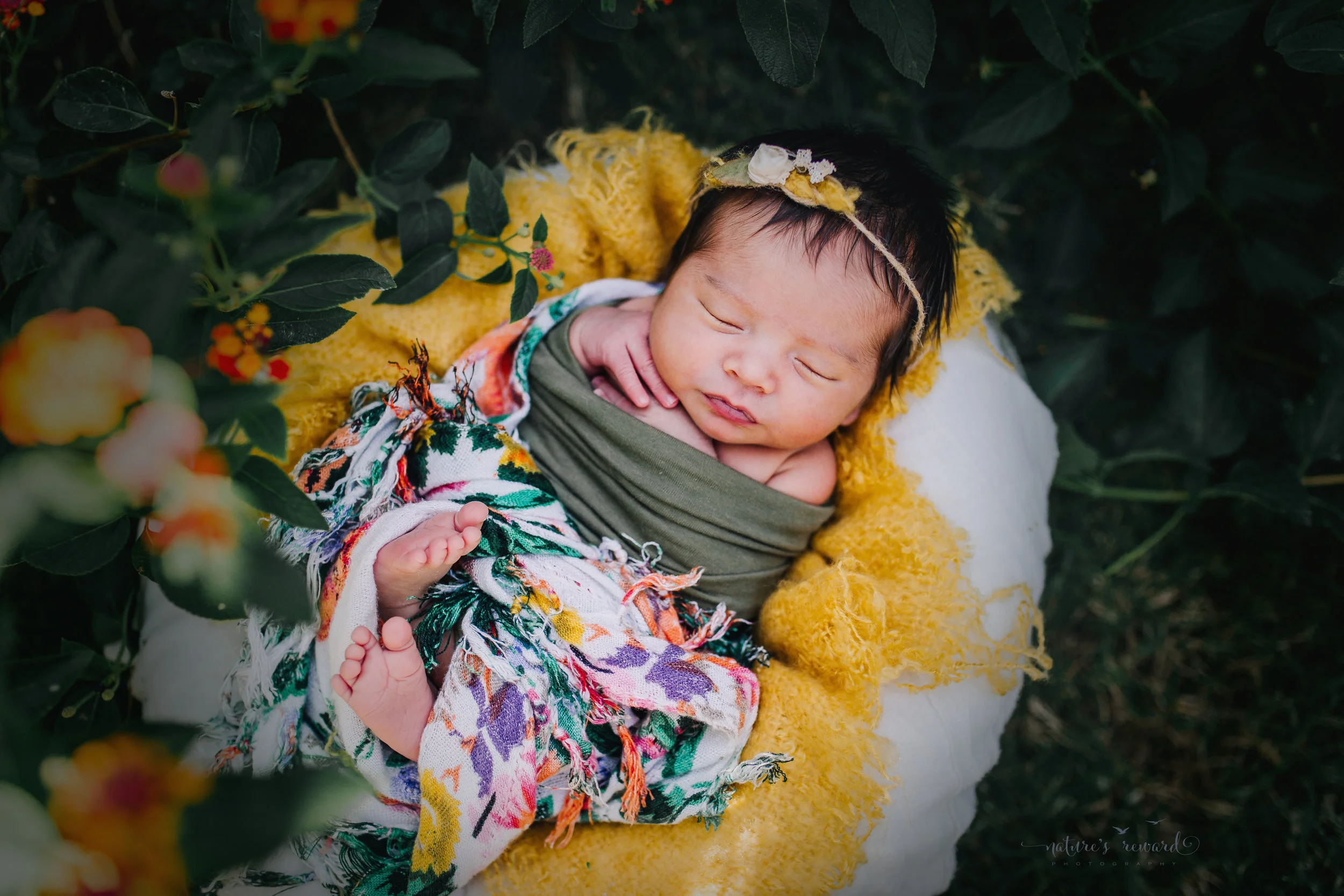 Newborn Baby girl in the garden with pops of yellow in this darling portrait by Nature’s Reward Photography