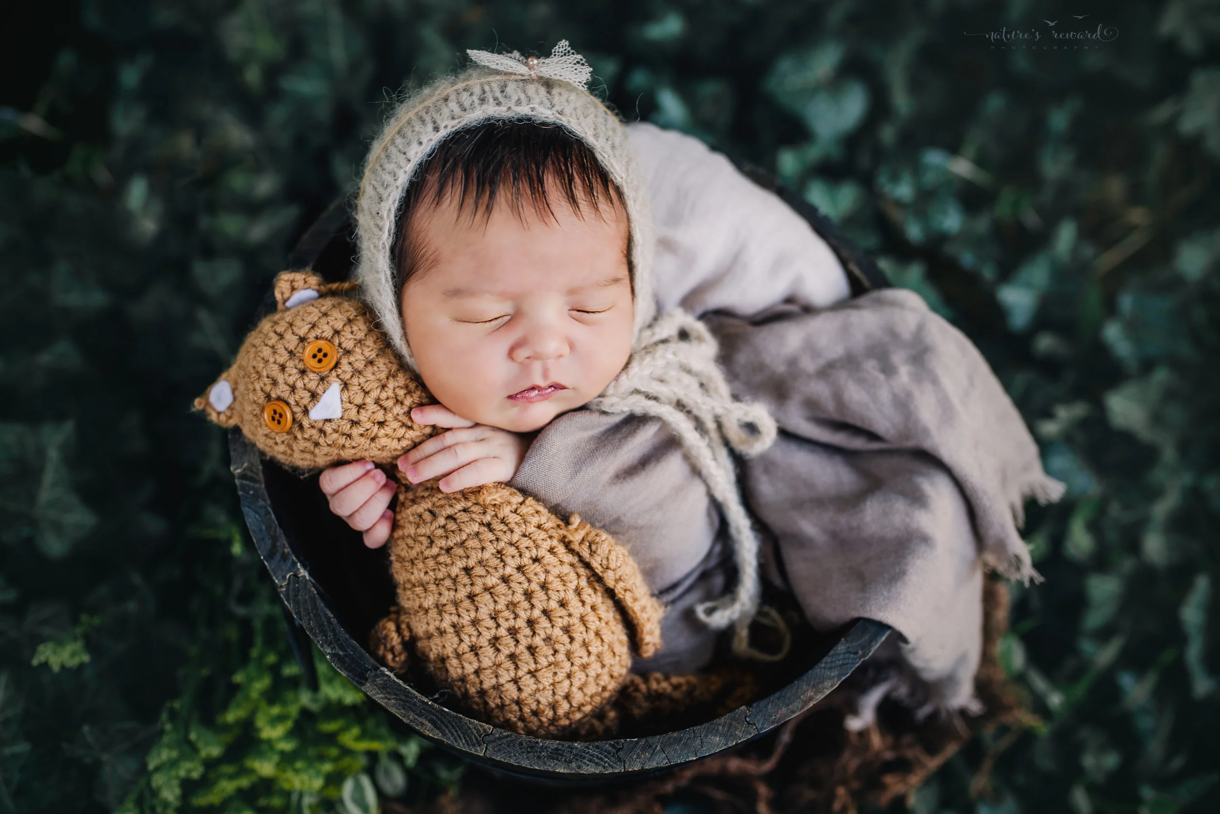 Gorgeous newborn baby girl swaddled in tan wearing a tan bonnet while holding a teddy nested in a bucket in an ivy garden. A portrait by Nature’s Reward Photography