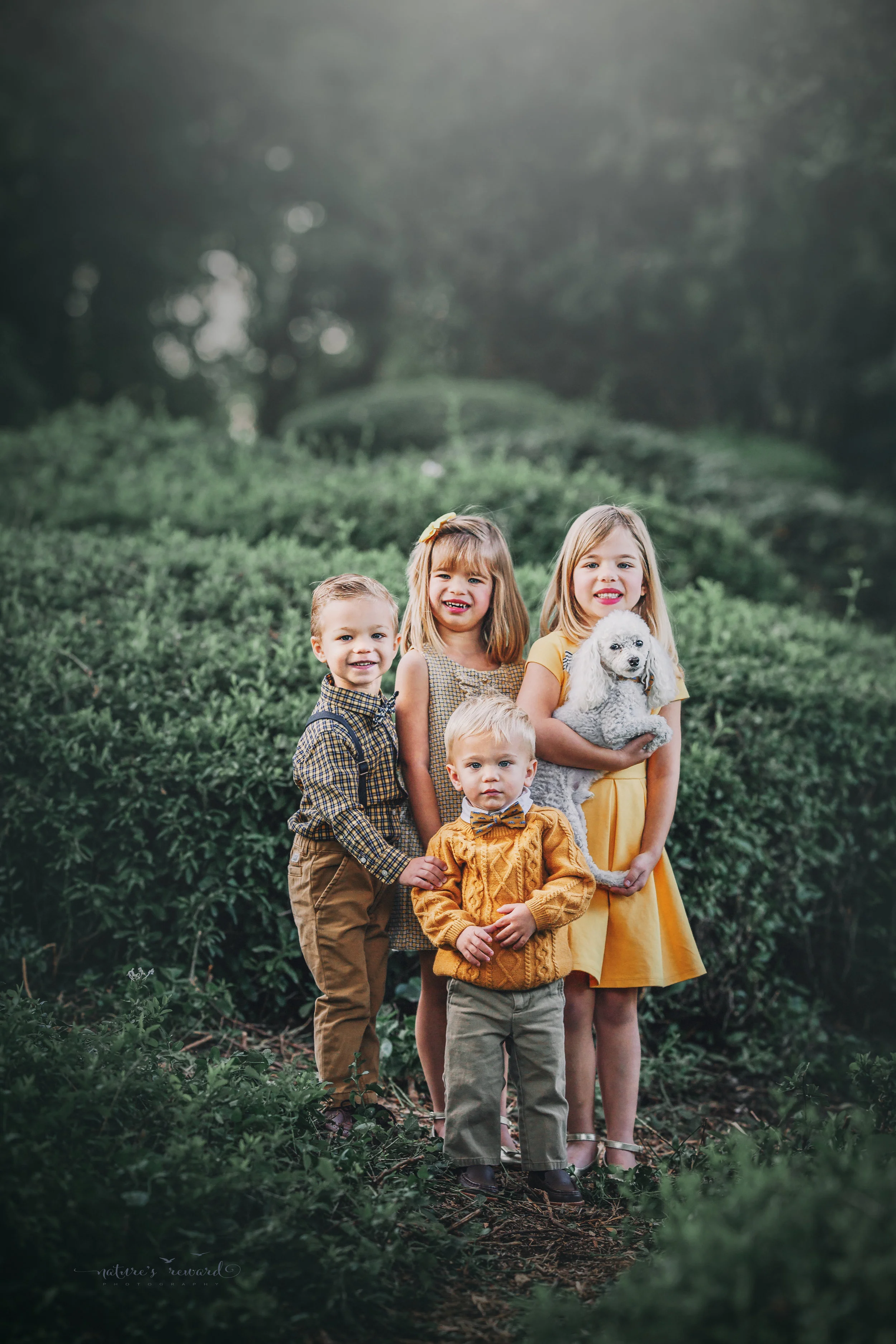 Beautiful sibling portrait in yellows and tan in a green lush park setting with their furry little brother- A portrait By Nature’s Reward Photography!