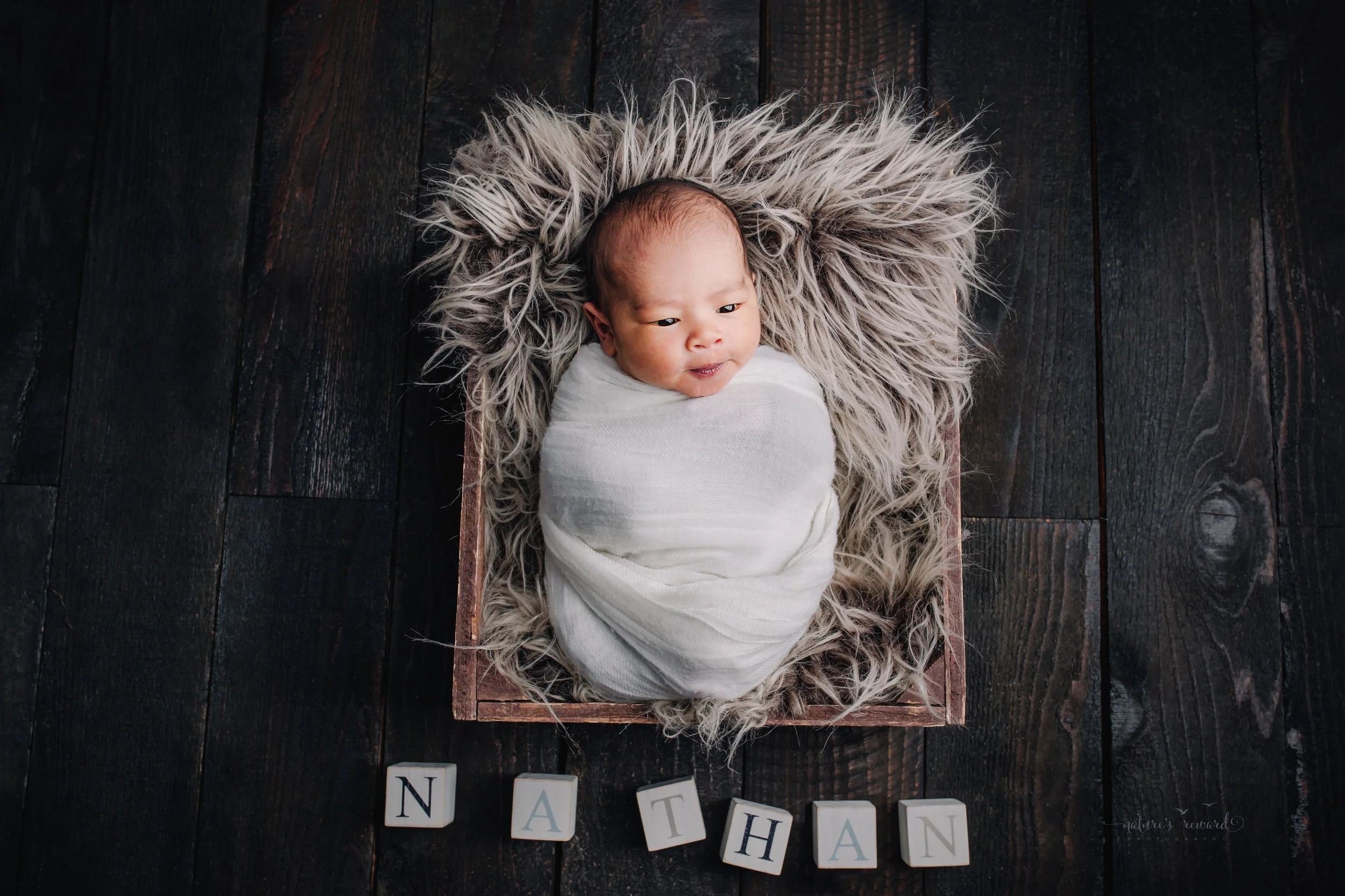 A newborn baby boy swaddled in white on a dark wood floor with blocks spelling his name a portrait by Nature’s Reward Photography