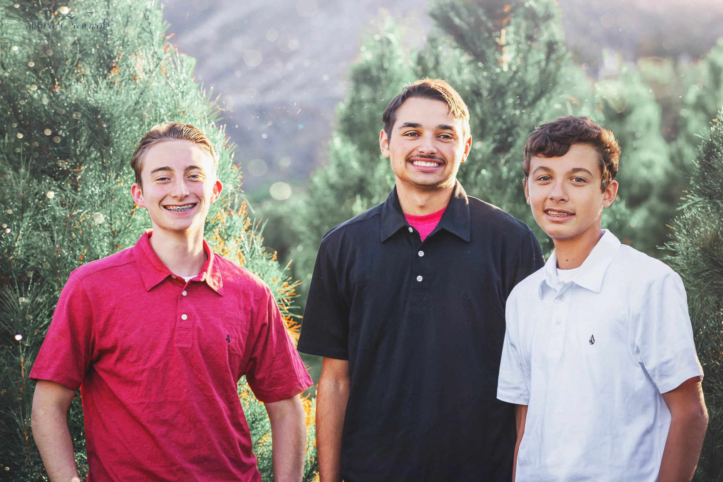 Three beautiful teenage brothers at a Christmas tree farm- A Portrait by Nature’s Reward Photography